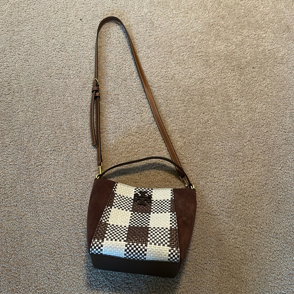 Tory Burch brown and cream woven purse